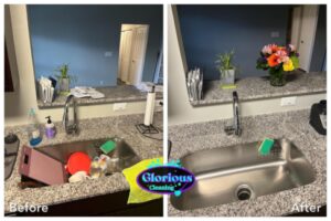 before and after of a kitchen sink from a happy client that used our cleaning services near Zionsville